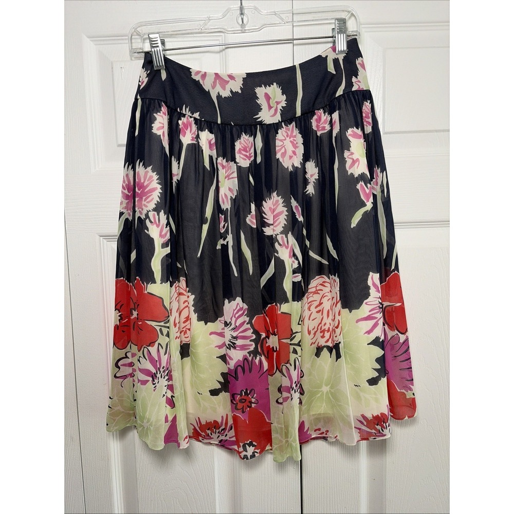 St. John Collection Floral Silk A-Line Skirt Womens Size 4 Navy Pink Luxury Silk
